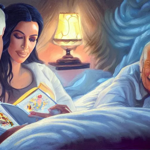 Prompt: portrait of kim kardashian reading a bedtime story to joe biden in bed, an oil painting by ross tran and thomas kincade