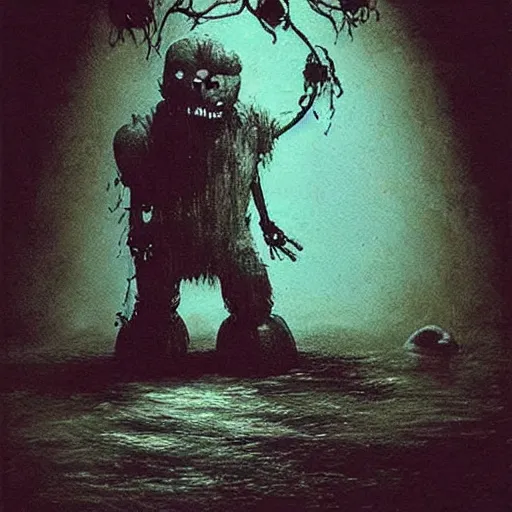 Image similar to creepy ruined abandoned fnaf character, fnaf animatronic rising from the lagoon at night, creepypasta, greg rutkowski, creepy dark beksinski painting, vhs footage, distorted, scary, creepy, haunted photo, really dark, slender, creature of the dark worlds, unsettling image, scp 0 9 6