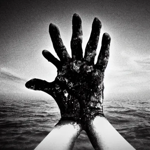 Image similar to stranded ship, hands reaching up from the sea, creepy, deep blue sea, dread