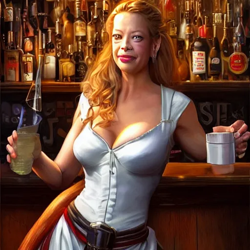 Prompt: Portrait of 25 year old Jeri Ryan as a seductive bar maid serving drinks in a medieval pub, white lighting, digital art by Ruan Jia and Mandy Jurgens and Artgerm, highly detailed, trending on artstation, award winning,