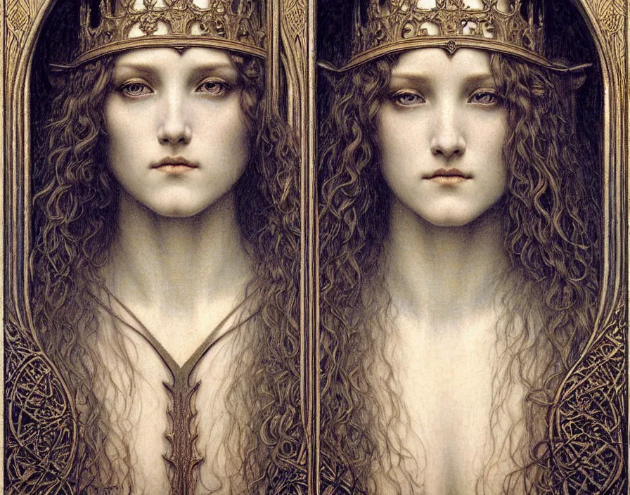 Image similar to detailed realistic beautiful young medieval queen face portrait by jean delville, gustave dore and marco mazzoni, art nouveau, symbolist, visionary, gothic, pre - raphaelite. horizontal symmetry