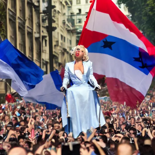 Image similar to Lady Gaga as Evita, Argentina presidential rally, Argentine flags behind, bokeh, epic photo, detailed, Argentina