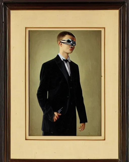 Prompt: portrait of young man wearing black medical mask, suit and tie, style of james c. christensen