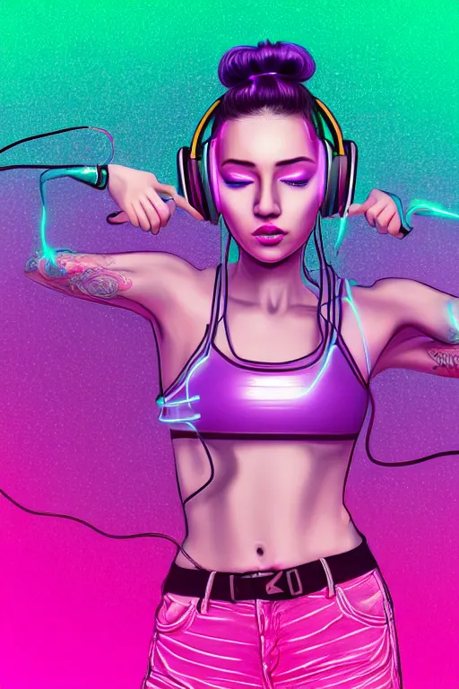 Image similar to a award winning half body portrait of a beautiful woman with stunning eyes in a croptop and cargo pants with ombre purple pink teal hairstyle dancing with headphones on her ears by thomas danthony, surrounded by whirling illuminated lines, outrun, vaporware, shaded flat illustration, digital art, trending on artstation, highly detailed, fine detail, intricate