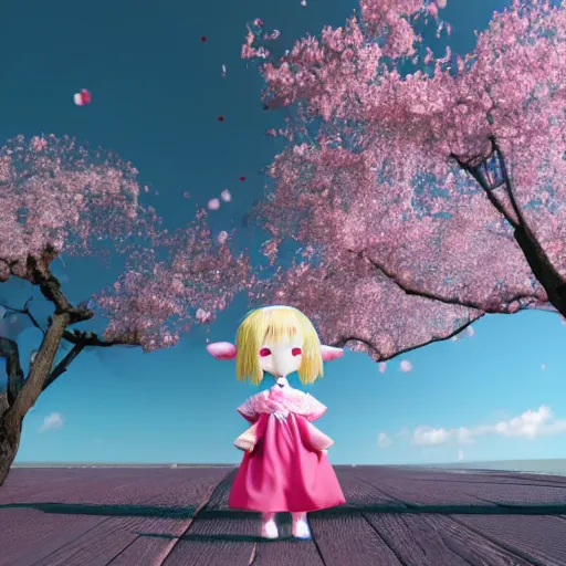 Prompt: cute fumo plush of a girl in the middle of a cherry blossom bloom, sakura, particle simulation, global illumination, vray