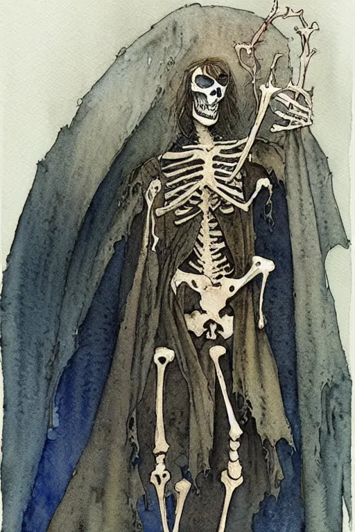 Image similar to a simple and atmospheric watercolour portrait of a skeleton king on halloween, very muted colors, by rebecca guay, michael kaluta, charles vess and jean moebius giraud