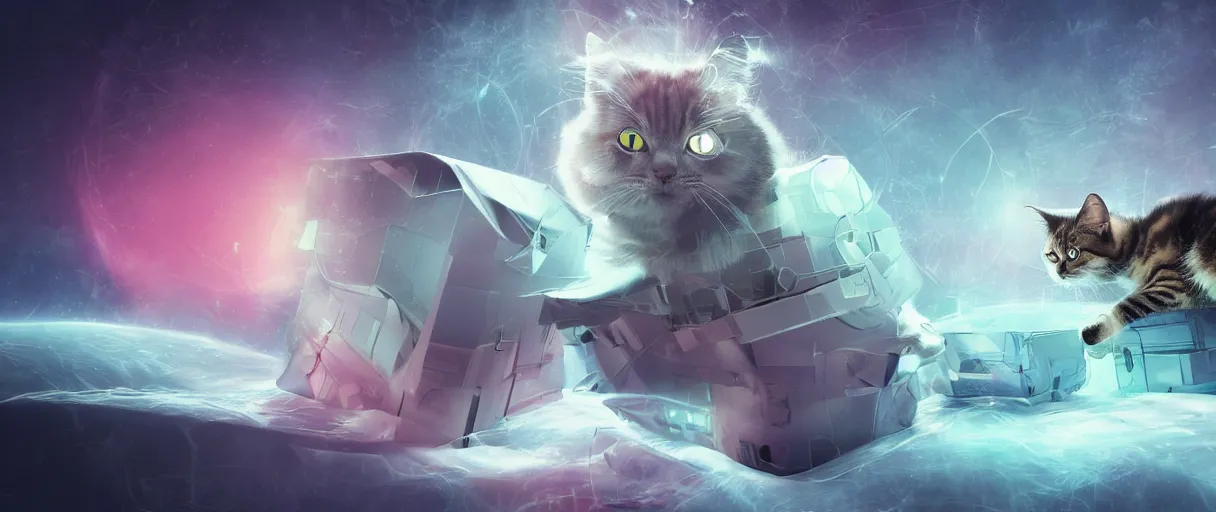 Image similar to futuristic illustarion of schrodinger's cat in a box, quantum paradox, dead and alive, quantum superposition, waves and particles, wave function, scifi style, concept art, artsation, 4 k resolution