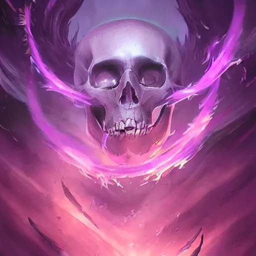 Image similar to floating skulls with violet smoke trails, two fangs, violet theme, epic fantasy digital art style, fantasy artwork, by Greg Rutkowski, fantasy hearthstone card art style