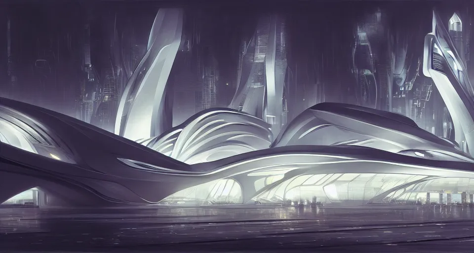 Image similar to cinematic shot, futuristic building, crowded, utopian, zaha hadid, night, white, lights, digital painting, artstation, concept art, smooth, sharp focus, illustration, intricate, elegant, highly detailed, in the style of greg rutkowski and alphonse mucha and artemisia, 8 k, highly detailed, jurgens, rutkowski