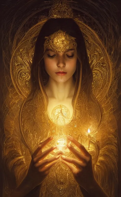 Image similar to masterpiece of beautiful hands close to a candle in dark room, cinematic, powerful, moon beams dramatic light, highly, intricate gold elements, hollow souls, detailed, digital painting, artstation, concept art, sharp focus, illustration, art by artgerm and greg rutkowski and alphonse mucha