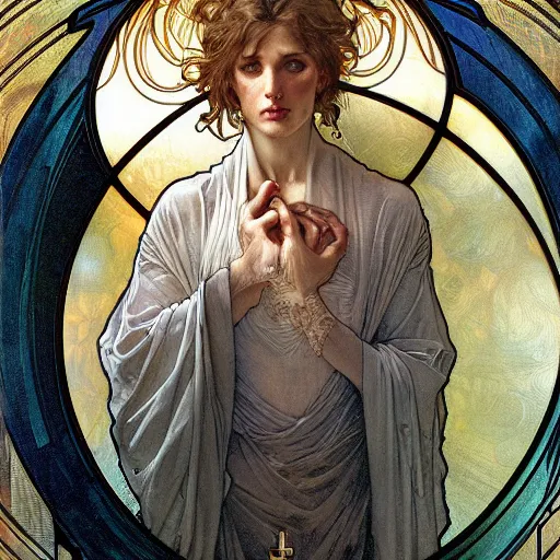 Prompt: realistic detailed face portrait of terrified catholic priest by Alphonse Mucha, Ayami Kojima, Amano, Charlie Bowater, Karol Bak, Greg Hildebrandt, Jean Delville, and Mark Brooks, Art Nouveau, Neo-Gothic, gothic, rich deep moody colors, rule 34