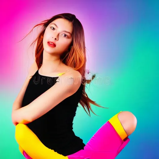 Prompt: tiktok dancing beautiful young woman on gradient background, studio photo, highly detailed