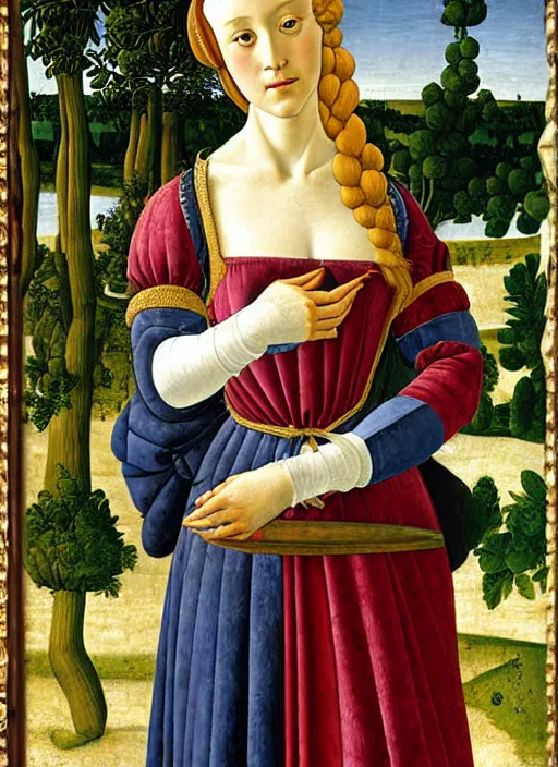 Image similar to portrait of young woman in renaissance dress and hennin, art by sandro botticelli