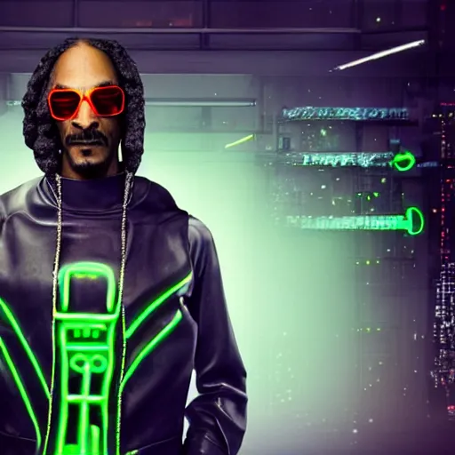 Image similar to Snoop Dogg as a cyborg cyberpunk ninja, skintight black uniform, neon green bulletproof vest, Leather gloves, Robot arm, cigarette in his mouth. and wielding a giant, smoking, blunt, as a weapon, emerging from a cloud of smoke. high quality, unreal engine 5 render, high quality render, octane render, photo realistic, ultra detail, cinematic lighting, realistic, cyberpunk, Snoop Dogg, Snoop Dogg rapper