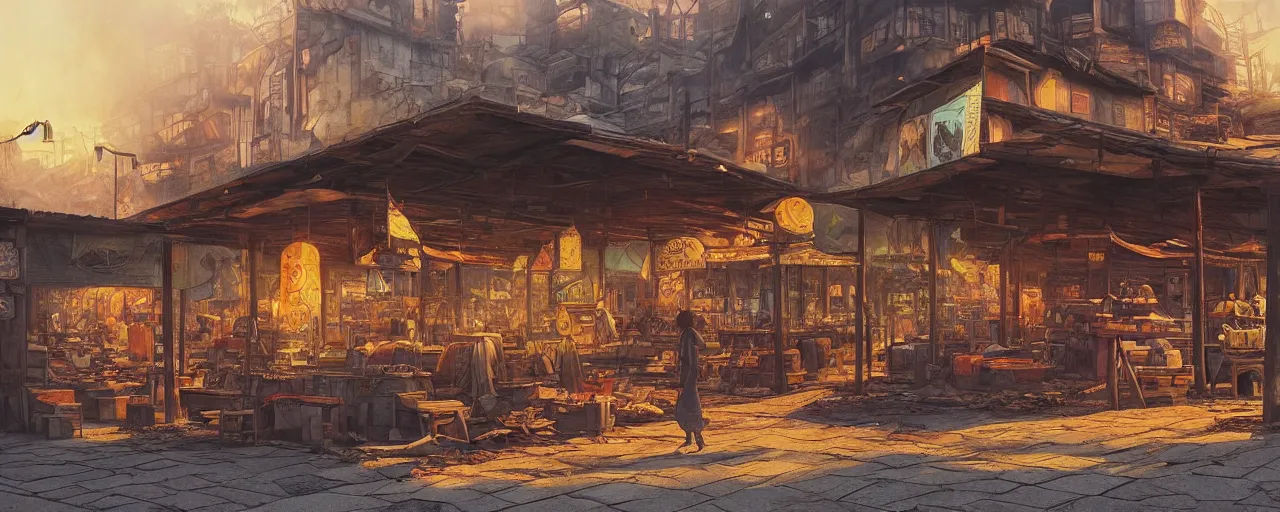 Prompt: “The eerie, forlorn atmosphere of a marketplace that is usually bustling with people but is now destroyed by wildfire in the style of studio ghibli, fantasy book illustration 8k movie poster, cinematic composition, ultra detailed, HDR shot, bright colours, happy faces”