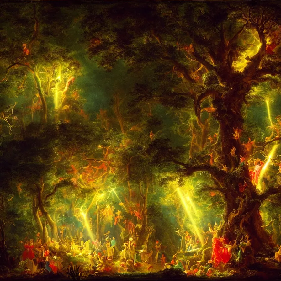 Image similar to closeup of a night carnival inside a tree cavity in a magical forest in the middle of a summer storm, with a music scenario with many fireworks and christmas lights, volumetric lightning, instense god rays in the sky, folklore people disguised with fantastic creatures in a magical forest by summer night, masterpiece painted by thomas cole, very coherent and colorful high contrast masterpiece,