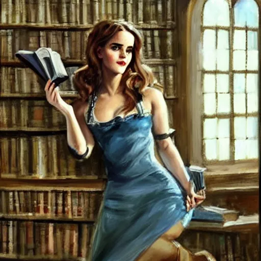 Prompt: sexy pinup art of emma watson in the role of hermione granger in the library of hogwarts, artwork by greg manchess, cinematic composition, award winning