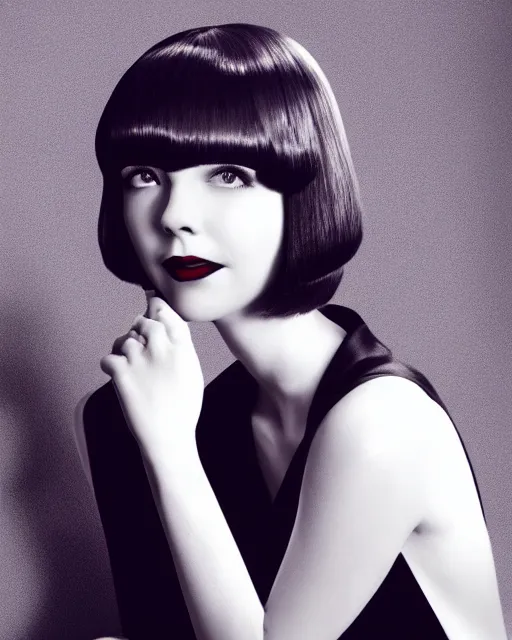 Prompt: colleen moore 2 5 years old, bob haircut, portrait casting long shadows, resting head on hands, by ross tran, film noir