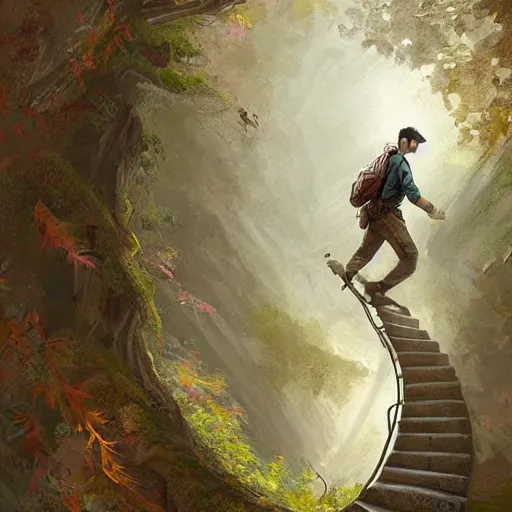 Image similar to a man, walking up a steep and winding staircase. in woods. intricate, elegant, highly detailed, digital painting, artstation, concept art, sharp focus, illustration, by justin gerard and artgerm, 8 k