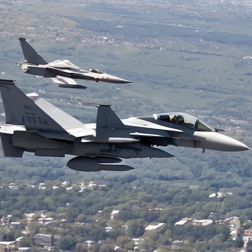 Prompt: photograph of f - 1 5 fighter jet performing on broadway