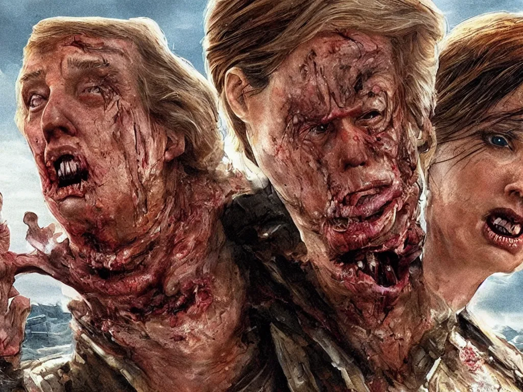 Image similar to cinematic movie still : ( subject =!!!!! donald trump head!!!!! + subject detail =!! dune sandworm with open jaw drooling!!, john carpenter the thing, oozing bile ), the last of us zombie, intricate detailed