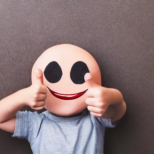 Image similar to child drawing of smiling emoji face with red eyes and thumb up.
