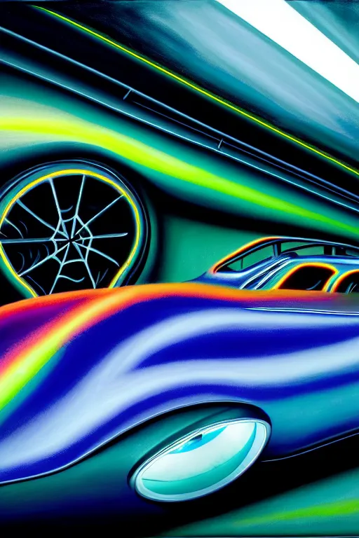 Prompt: a hyperrealistic detailed painting of a super futuristic iridescent halloween hotrod race car. cinematic lighting, depth perspective, depth of field, cinematic angle, by chris cunningham and richard corben, highly detailed, vivid color,