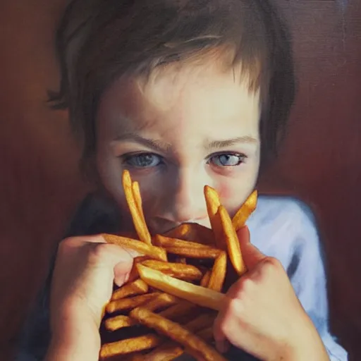 Prompt: Striking portrait of Karl Max eating french fries, oil on canvas, by Richard Foster, by David Cobley, by Anastasia Pollard, highly detailed, dramatic lighting