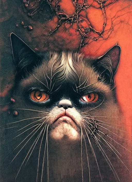 Image similar to a spirit of grumpy cat, red lake, highly detailed, art by Ayami Kojima, Beksinski, Giger