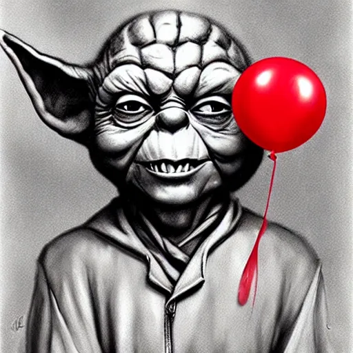 Prompt: surrealism grunge cartoon portrait sketch of yoda with a wide smile and a red balloon by - michael karcz, loony toons style, pennywise style, horror theme, detailed, elegant, intricate