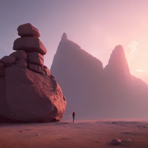 Image similar to a man standing in front of a giant rock, a matte painting by mike winkelmann, cgsociety, fantasy art, matte painting, matte drawing, cryengine