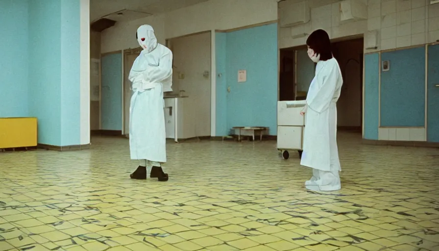 Image similar to 60s movie still of a white japanese female phantom bloody in an empty soviet stalinist style hospital with yellow tiles floor with light blue beds, cinestill 800t 35mm technicolor, heavy grain, high quality, higly detailed, liminal space