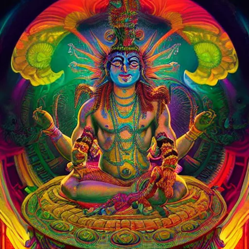 Prompt: An extremely psychedelic experience, colorful, surreal, chromostereopsis, Hindu God Shiva, LSD, face, intricate, elegant, highly detailed, digital painting, artstation, concept art, smooth, sharp focus, illustration, art by Sam Spratt, Dan Mumford, Artgerm and Alphonse Mucha