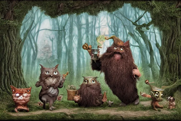 Image similar to old wizard and his forest furry creature matte painting, 3 d highly detailed, in the style of mark ryden