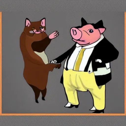 Image similar to a pig wearing a suit fighting with a cat photo - realistic