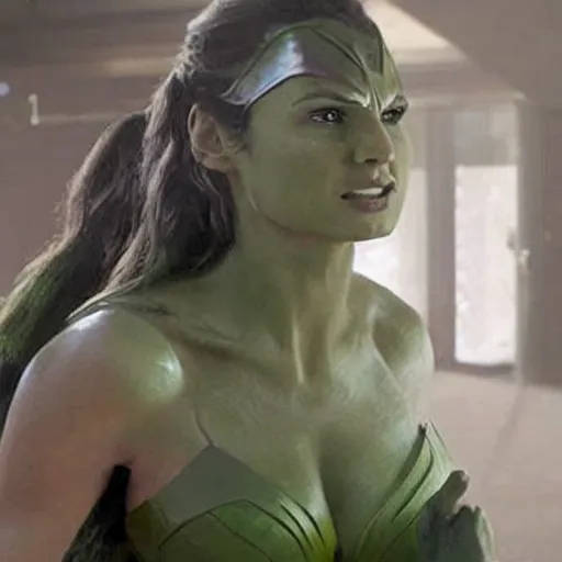 Prompt: movie still of gal gadot as female hulk in the remake of the incredible hulk (2035),