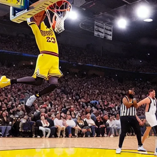 Prompt: a photo of spongebob dunking a basketball, lebron james is watching in the background