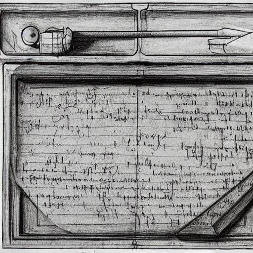 Prompt: drawing of macbook prototype by leonardo da vinci, lot of notes and figures, antique drawing, sketch, art, intricate details, highly detailed