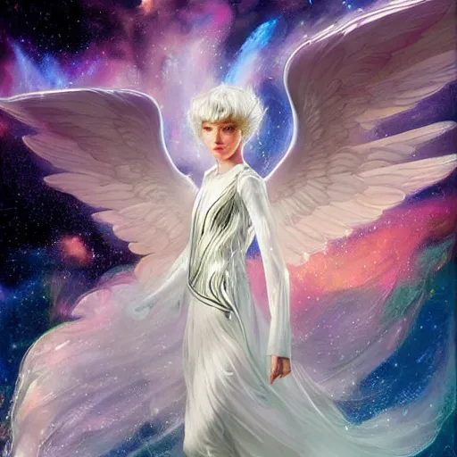 Prompt: harmony of white haired angel yoongi wearing greek clothes, muted colors, nebula background, neon sparkles everywhere, big wings, dynamic hair movement, + + + + dynamic pose, holographic space, glowing effect, j. c leyendecker, by alan lee, wlop! illustrated by starember, fantasy art by craig mullins