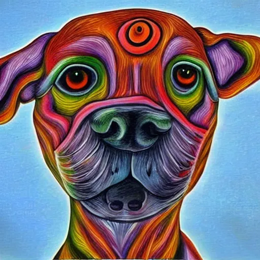 Prompt: cute dog painted in style of alex grey, kentaro miura