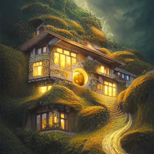 Image similar to ! dream small hillside house made of honey and milk, modern lighting, hyper - realistic, hyper - detailed, 8 k, octane rendered, art nouveau, organic, flowing, impossible torsion, writhing, dusk, lush, dynamic, in the style of ross tran and jean baptiste monge