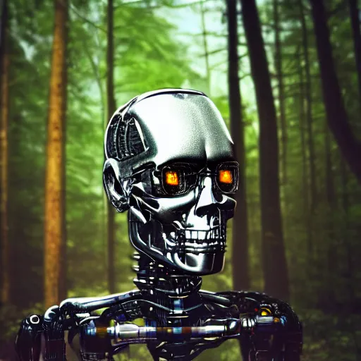 Image similar to super detailed portrait of a terminator's head, packed with cybernetics and and borg enhancements. In a forest with bokeh.