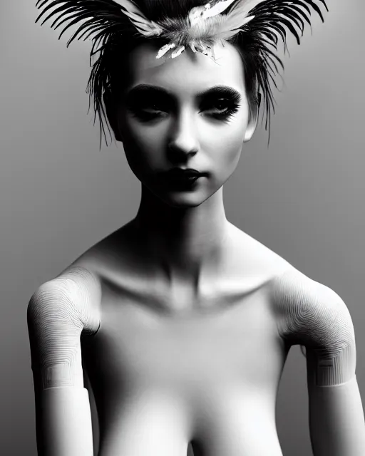 Prompt: surreal mythical dreamy dark artistic black and white fine art 3 / 4 portrait photo of a young delicate female robot - vegetal - human with long pale feathers, rim light, cinematic, studio dramatic light, poetic, octane render, 8 k, photo - realistic