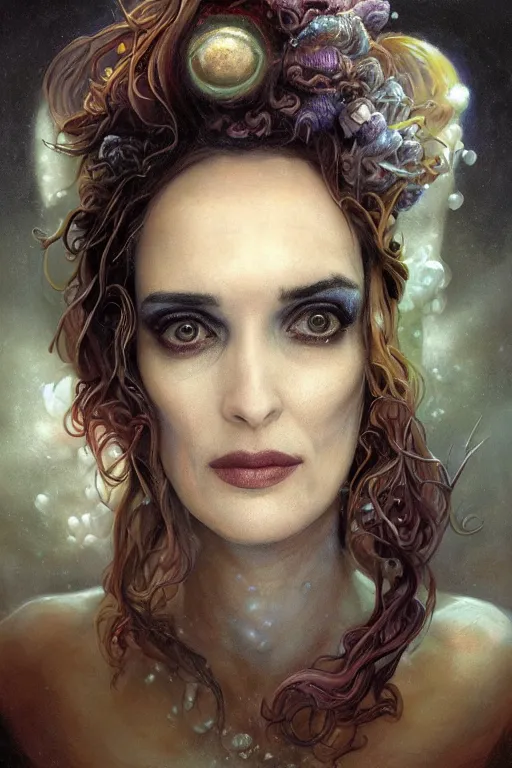 Image similar to closeup portrait shot of winona ryder as delirium of the endless, the sandman, thick fancy makeup, highly detailed, digital painting, artstation, concept art, soft focus, depth of field, artgerm, tomasz alen kopera, peter mohrbacher, donato giancola, joseph christian leyendecker, wlop, boris vallejo