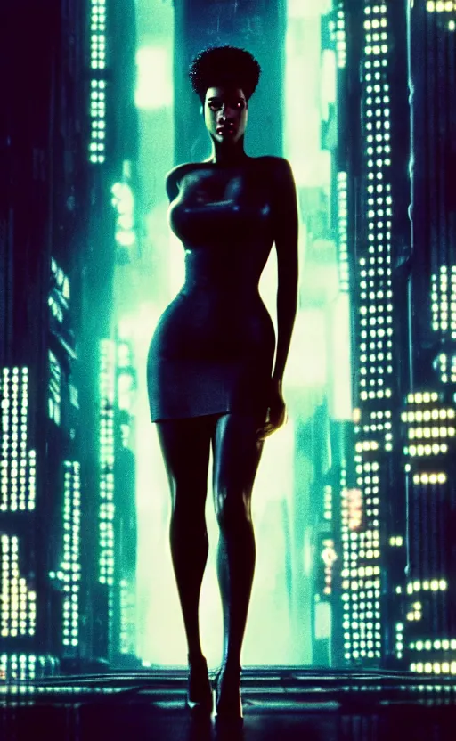 Prompt: hyper - realistic, a beautiful black femme fatale woman wearing a short dress and heels, blade runner city, neo - noir aesthetic, cinematic composition, cinematic colors, 3 5 mm film, roger deakins style, realistic film, no signature, 8 k