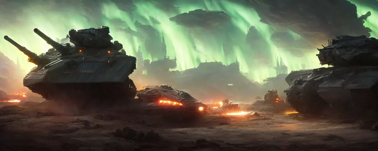 Image similar to tank the battlefield, epic scene, volumetric lighting futuristic, intricate, highly detailed, digital painting, artstation, concept art, cinematic, smooth, sharp focus, illustration, aurora borealis, unreal engine 5, 8 k, art by artgerm and greg rutkowski and alphonse mucha