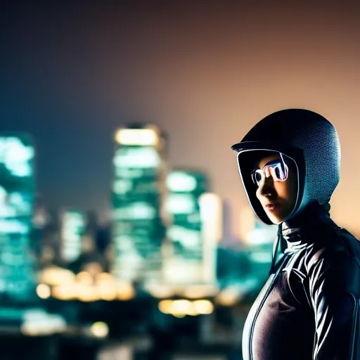 Image similar to photographic portrait of a techwear woman holding a shotgun, closeup, on the rooftop of a futuristic city at night, sigma 85mm f/1.4, 4k, depth of field, high resolution, 4k, 8k, hd, full color