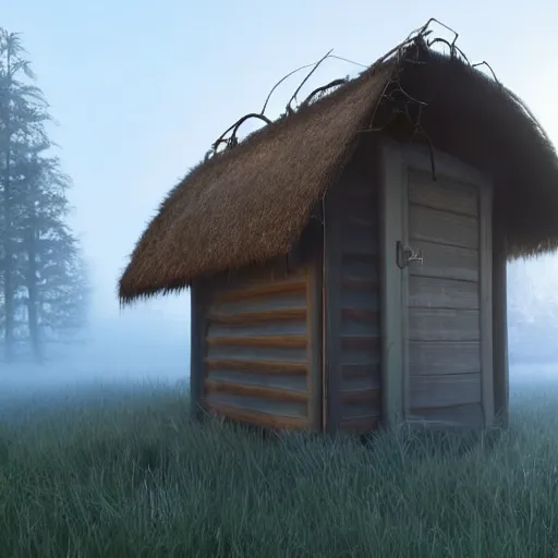 Prompt: still shot of a hut covered in morning fog, highly detailed, photorealistic portrait, bright studio setting, studio lighting, crisp quality and light reflections, unreal engine 5 quality render