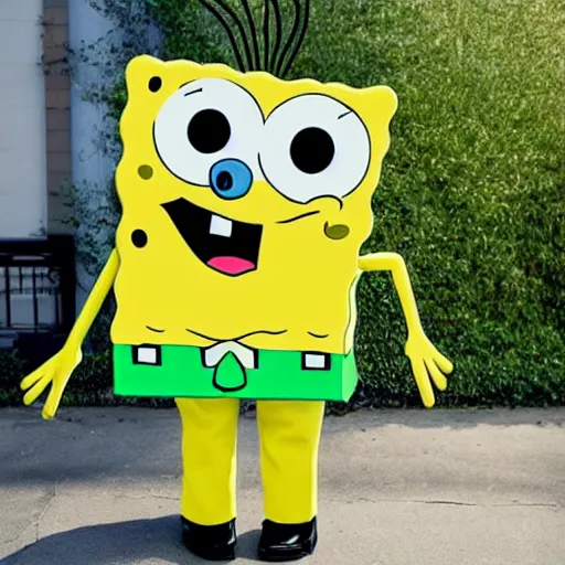 Image similar to Spongebob in real life wearing Rick Owens clothing, avant garde fashion look and clothes, outfit photograph, trending on r/Streetwear