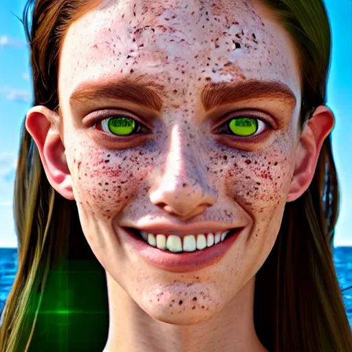 Image similar to portrait of a cute thin young woman, bronze brown hair, eye color is emerald green, red blush, a few freckles, smug smile, modern clothes, relaxing on the beach, golden hour, close up shot, 8 k, art by irakli nadar, hyperrealism, hyperdetailed, ultra realistic